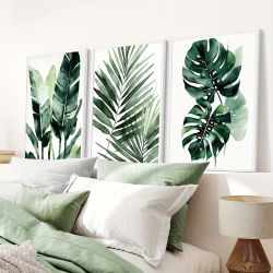 Juego de 3 Láminas Decorativas de Lona con Impresión de Hojas de Palma Verde y Monstera, Arte de Pared con Acuarelas de Plantas Tropicales para Decoración Moderna de Sala de Estar