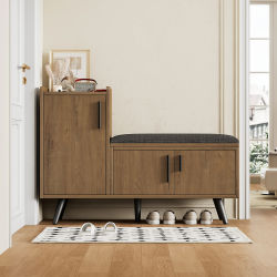 Mueble Zapatero con 3 Puertas y Asiento Acolchado - para Entrada - en Aglomerado de Madera - 100 × 34 × 68.5 cm - Natural