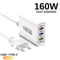 Cargador USB de 160W con múltiples puertos tipo C, toma de corriente de carga rápida para iPhone, Samsung, Xiaomi, Huawei, Honor, adaptador para teléfono móvil