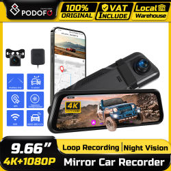 Grabadora de Video para Espejo Retrovisor de Coche Podofo con Visión Nocturna ADAS+BSD, Cámara Delantera y Trasera, WiFi, Grabación en Bucle, Sensor de Gravedad, GPS, Monitor de Estacionamiento