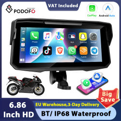 Podofo - Monitor para Motocicleta de 6.86'', Pantalla Inteligente con Carplay, Android Auto, Bluetooth, IP68, Resistente al Agua, Presión de Neumáticos, Airplay