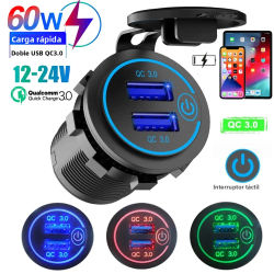 Cargador de Coche Doble USB con QC 3.0, 12V/24V, Impermeable, con Interruptor, Adaptador de Carga Rápida para Auto