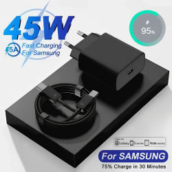 Cargador súper rápido de 45W 5A para Samsung S25 S24 S23 S22 Plus Note 20 Ultra A15 A25 A35 A53 A54 A55 Cable de carga de USB-C a tipo C
