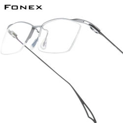 Montura de gafas de titanio FONEX para hombre, gafas cuadradas semisin montura de diseño de marca, gafas ultraligeras japonesas de alta gama de media montura 98640