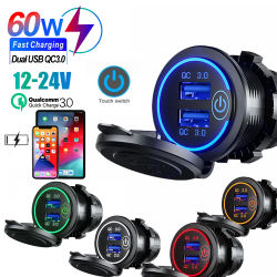 Cargador de coche con puertos USB duales de carga rápida, toma de corriente de carga rápida impermeable con luz LED para carga de coche y motocicleta