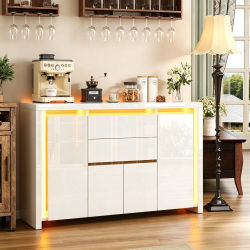 Aparador Rosahqnda, 160x35x75 cm, mueble de almacenamiento para la cocina con 4 puertas y 2 cajones, aparador de alto brillo con luces LED, fabricado en MDF, color blanco/negro.