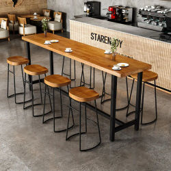 Mesa de Bar de Madera Maciza Estilo Vintage con Base de Hierro - Conjunto de Mesa Consola Larga y Taburetes para Cafetería, Muebles de Bar para Uso Comercial JT40