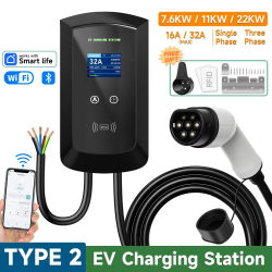 Cargador de Vehículos Eléctricos JNTAFEV de 11 kW y 16 A Tipo 2, Cargador de Coche Eléctrico de 32 A, 7,6 kW/22 kW, Estación de Carga de 1/3 Fases, Control por WiFi y Aplicación