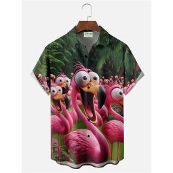 Camisa divertida de flamenco de dibujos animados de Anime para hombre, camisas con estampado 3D de planta Retro, camisas con botones de secado rápido, blusa Popular de calle de verano