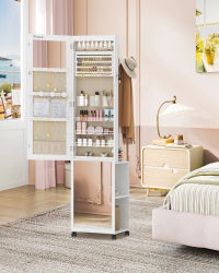 Mueble con Espejo y Organizador de Joyas, con 1 Perchero, 3 Estantes y 4 Ganchos para Abrigos, Blanco y Beige