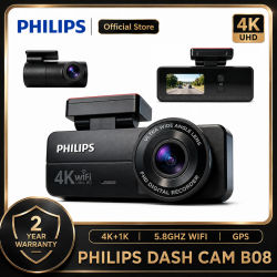 Cámara para Auto PHILIPS B08 4K+1K HDR, Cámara Delantera y Trasera Dual, Pantalla IPS de 1.57 Pulgadas, WiFi 2.4G y 5.8G, Compatible con APP y GPS, Monitor de Estacionamiento 24H, DVR para Auto