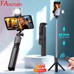 FANGTUOSI - Palo Selfie para Teléfono con Trípode, Control Remoto Bluetooth Inalámbrico, Soporte para Teléfono con Luz LED de Belleza