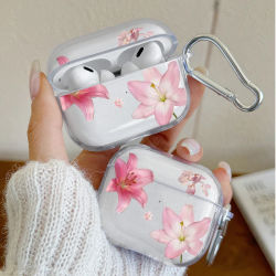 Funda para auriculares de TPU transparente con diseño de flor de lirio rosa para AirPods Pro/Pro3/Pro2, funda protectora para AirPods 4/3/2/1