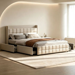 Cama doble Superaly con almacenamiento 160x200cm, cama tapizada con cajones y estructura de listones de madera, lino, beige, muebles de dormitorio