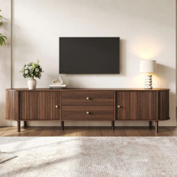 Mueble para TV ovalado de 180x40x58cm con puertas correderas y 2 cajones, mueble para TV con efecto madera, mueble para TV moderno para sala de estar, mueble para TV con almacenamiento oculto cerrado