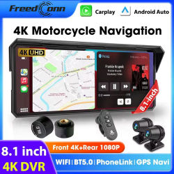 Navegador GPS para motocicleta Freedconn con DVR, Carplay, Android Auto, portátil, 8.1 pulgadas, IP67, resistente al agua, monitor inalámbrico para moto.