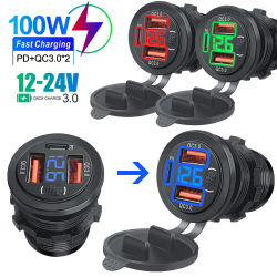 Cargador de coche de tres puertos PD Dual QC3.0 USB con interruptor de botón de voltímetro Digital 12V/24V para motocicleta y coche
