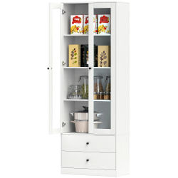 Mueble de almacenaje moderno con armario con puertas de cristal, estantes ajustables y 2 cajones, 59x30 x cm, Blanco