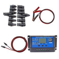 Regulador de cargador Solar, controlador PWM con Cables, 60A, 50A, 40A, 30A, 20A, 10A, 12V, 24V