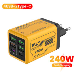 Cargador USB C de 240W y 6 puertos, cargador de pared de carga rápida para iPhone, Samsung, Xiaomi, adaptador de corriente para teléfono con carga rápida tipo C, UE/EE. UU./Reino Unido