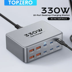 Cargador USB C GaN de 330W, cargador de escritorio de 10 puertos tipo C 100W PD3.0 PPS QC3.0, carga rápida para MacBook Tablet Samsung iPhone 15 16