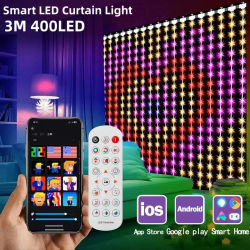 Luces de Cortina Inteligentes de 400 LED, Control Remoto por Aplicación Bluetooth, Patrón Personalizable, Luces de Hadas Musicales, Decoración Navideña para Ventanas y Dormitorios