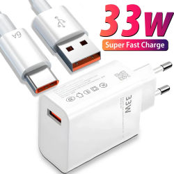Cargador Rápido USB de 33W QC 3.0 6A con Cable USB C, Adaptador de Pared para Xiaomi Redmi K30 K40 iPhone Samsung Huawei, Enchufe EU/US, Carga Rápida