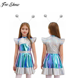 Disfraz de Astronauta Robot Alienígena para Niñas, Vestido Metálico Brillante para Cosplay, Disfraz de Halloween, Fiesta Temática, Carnaval