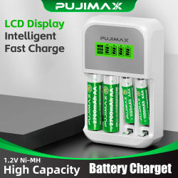 PUJIMAX-cargador de batería inteligente con pantalla LCD, 4 ranuras, para pilas recargables AA/AAA NiCd NiMh, carga rápida con Cable