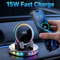 Soporte para teléfono móvil con sujeción automática para coche, compatible con cargador inalámbrico para coche, montaje en el salpicadero con luz RGB.