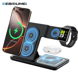 KEBIDUMEI 3 en 1, Cargador Inalámbrico Magnético Rápido, Base de Carga Plegable para Teléfono 18 17 16 15, Apple Watch y Auriculares