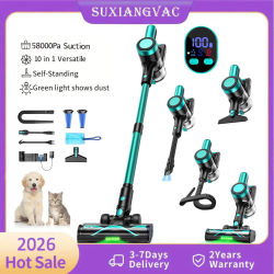 Aspiradora inalámbrica, autoportante, 58Kpa/55 minutos/10 en 1, aspiradora tipo palo con cepillo de iluminación LED para mascotas/cabello/alfombras