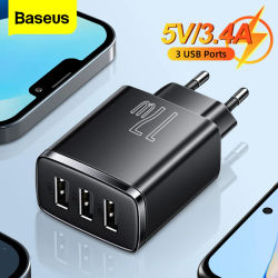 Baseus-cargador USB de 17W, 3 USB, carga rápida para iPhone, Xiaomi, teléfono móvil, cargador de pared portátil de múltiples puertos, adaptador de UE