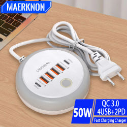 Cargador redondo creativo PD de 50W, adaptador de cargador de teléfono USB tipo C de 6 puertos con luz LED táctil para iPhone 15, Samsung, Xiaomi y Huawei