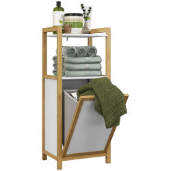 Mueble HOMCOM con patas de bambú, mueble de baño con cesta para la ropa sucia, 2 estantes, ahorrador de espacio, 40x30x30 cm, Blanco