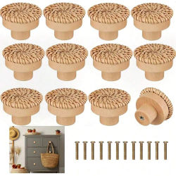12 Uds. Perillas de tocador de ratán bohemio, perillas redondas de madera para cajones con tejido de mimbre hecho a mano y tornillos para muebles, gabinetes, Dr