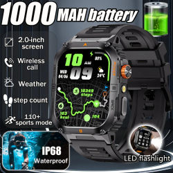 Reloj Inteligente Militar para Exteriores 2026, 1000mAh, Pantalla LED de 2.01 Pulgadas, Linterna, Resistente al Agua IP68, Monitor de Ritmo Cardíaco, Sueño, Llamadas Bluetooth, Deportivo