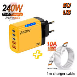 Cargador USB C 5 en 1 de 240W, carga rápida, cargador de pared UE/EE. UU./Reino Unido para iPhone, Samsung, Xiaomi tipo C, adaptador de corriente para teléfono de carga rápida