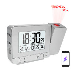 Reloj despertador de proyección para dormitorio con termómetro, higrómetro, reloj de techo Digital, pantalla LED regulable con cargador USB
