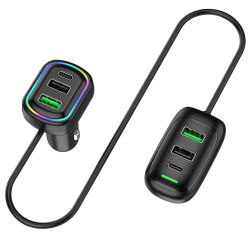 Cargador de coche de extensión delantera y trasera USB tipo C de 6 puertos con luz RGB PD adaptador de corriente de carga rápida para tableta Iphone