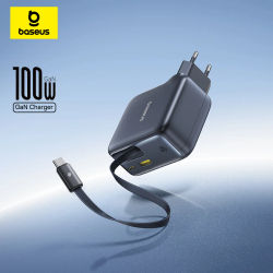 Cargador rápido Baseus de 100W para tabletas y portátiles, cargador rápido con cable USB C retráctil, cargador GaN para teléfonos iPhone y Samsung