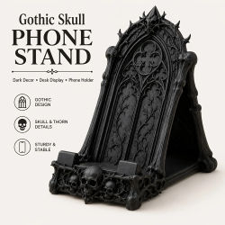 Soporte para Teléfono con Diseño de Calavera Gótica, Soporte de Escritorio de Estilo Gótico Oscuro, con Detalles de Calaveras y Espinas, Soporte Decorativo para Teléfono