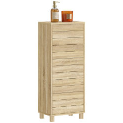 HOMCOM Armario de Baño Estrecho, Mueble Auxiliar de Baño con Puerta de Listones, 3 Estantes y Estante Ajustable, Apertura por Presión, Ahorro Espacio, 34x23x84 cm, Natural