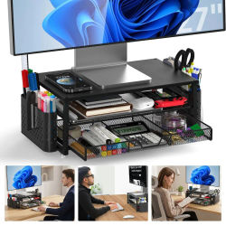 Organizador de Escritorio Multifuncional de Dos Niveles con Soporte para Bolígrafos, Soporte para Monitor de Escritorio con Cajón y 2 Soportes para Bolígrafos | Soporte para Monitor, Organizador de