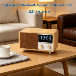 Radio Reloj Vintage con Acabado de Madera, Altavoz Bluetooth, Doble Alarma, Audio Inalámbrico, TF, USB, FM, AUX, Subwoofer, Mini Caja de Sonido Decorativa para Mesa de Noche