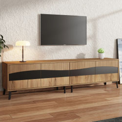 Mueble para TV de 180x40x50cm, color madera + soporte para TV empalmado negro, mueble para TV con 4 gabinetes, mueble para sala de estar con 8 patas de soporte