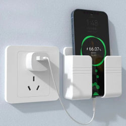Soporte de pared para teléfono, blanco, sin perforaciones, soporte de carga para teléfonos móviles, caja de almacenamiento adhesiva para control remoto
