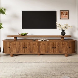 Mueble de TV de doble nivel de 180x40x48 cm con bordes redondeados, mueble de TV retro para sala de estar con 4 puertas centrales fijas y 2 puertas laterales corredizas, patas de madera maciza en