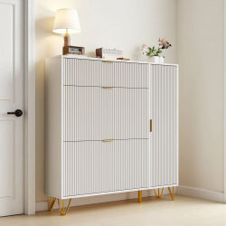 Roshanda - Mueble estrecho para guardar zapatos, organizador para entrada con cajones abatibles, MDF blanco y patas doradas, para sala de estar