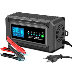 Cargador de batería 10A con pantalla LCD, cargador automotriz DC12V 24V para baterías de plomo-ácido AGM / GEL / SLA / VRLA, enchufe europeo